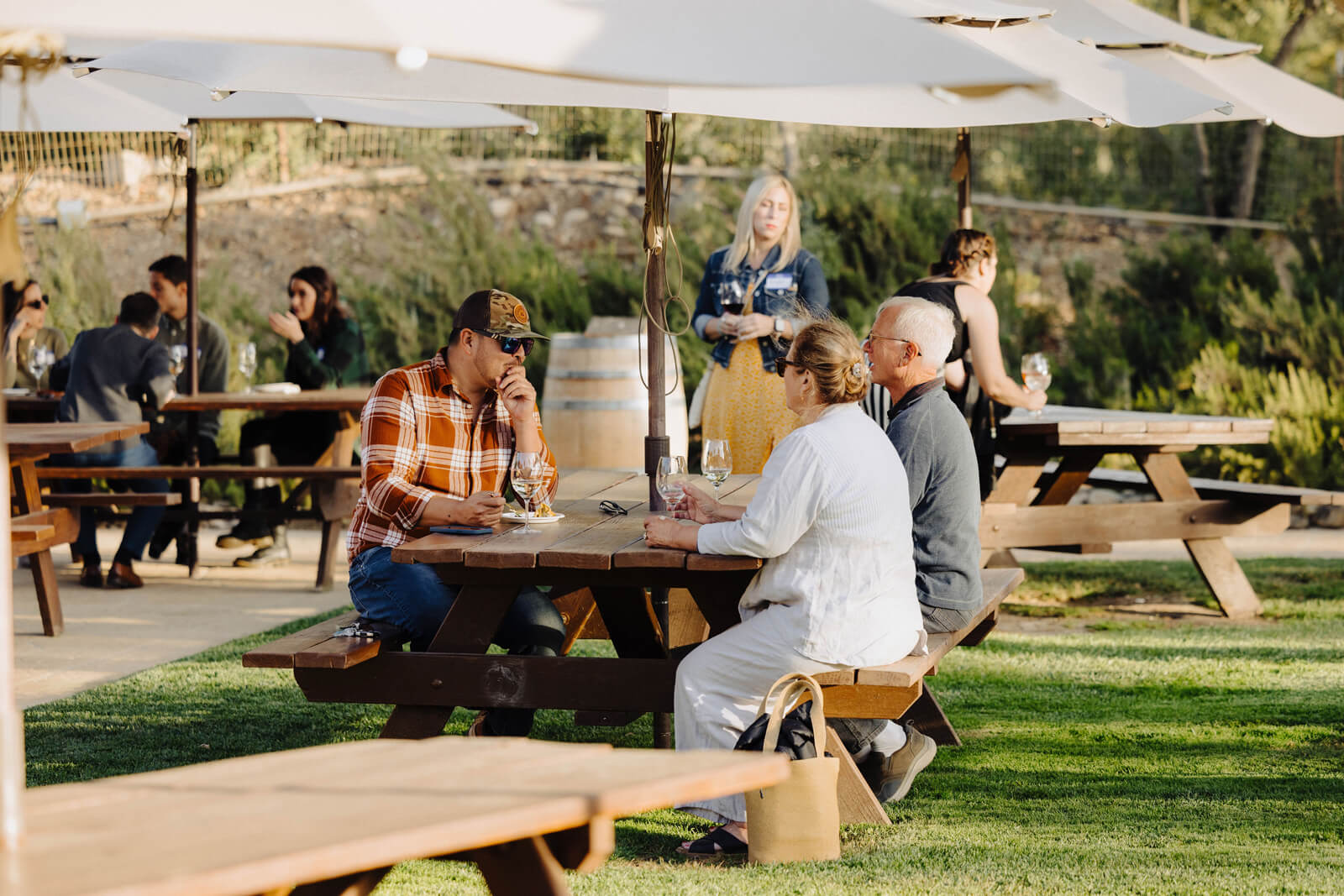 Plan Your Trip People sitting at picnic tables with umbrellas at the SYV annual meeting