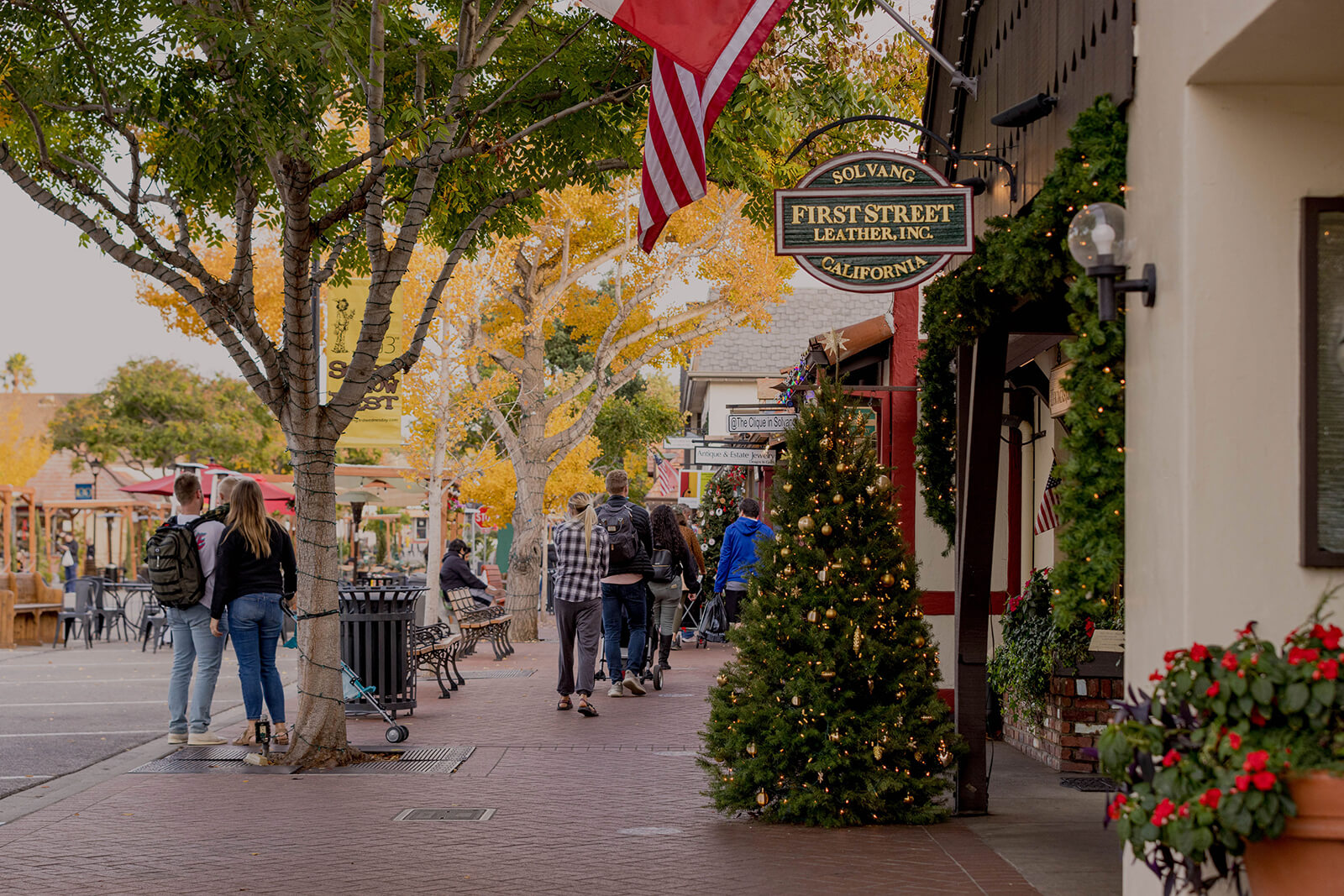 Solvang, California street sidewalk decorated for Christmas
