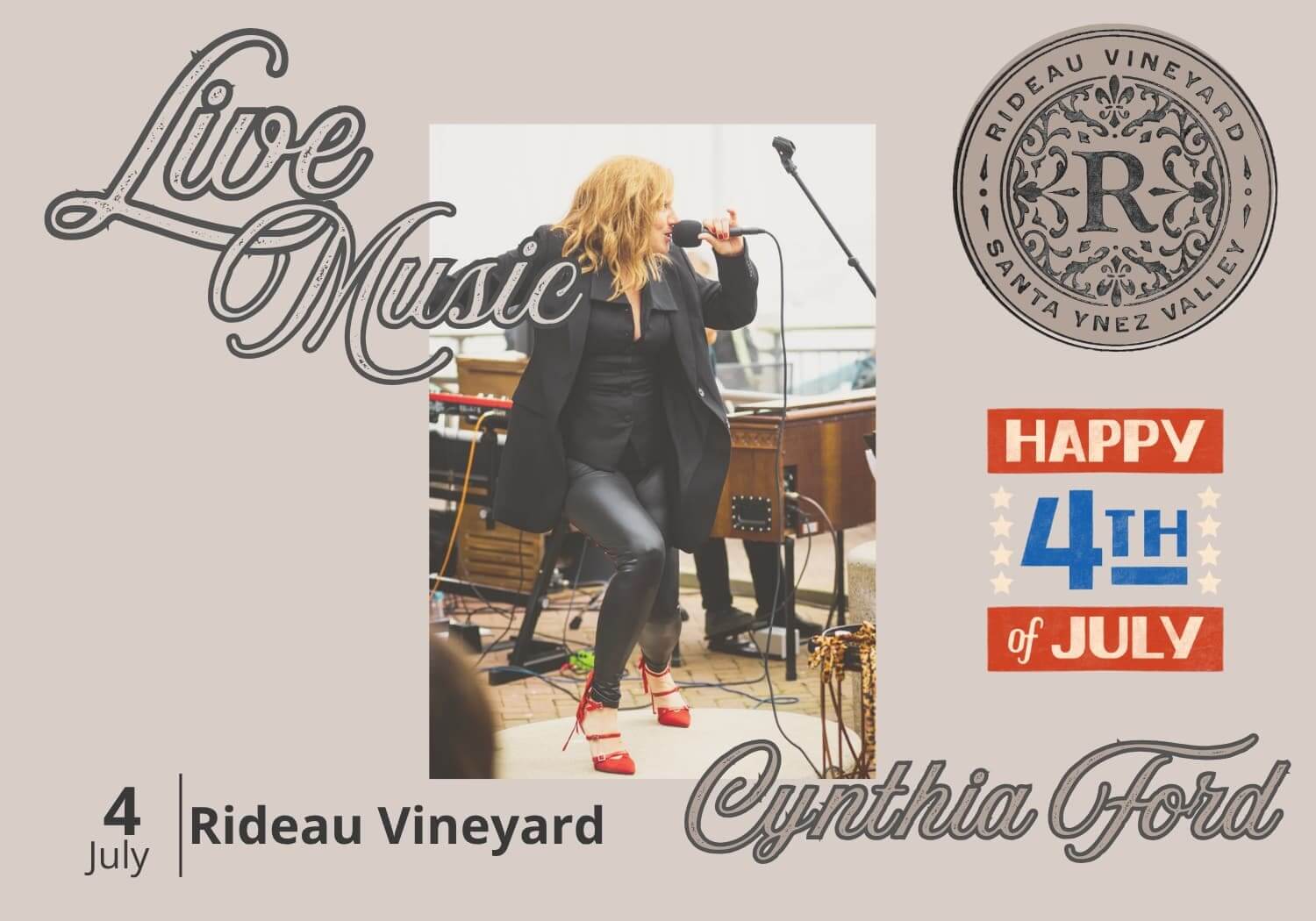 Things To Do Where to Stay Food & Drink Events Plan Your Trip Live Music at Rideau Vineyard on Saturday July 4 Featuring Cynthia Ford Live Music at Rideau Vineyard on Saturday July 4 Featuring Cynthia Ford